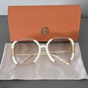 Tory Burch Ivory and Gold Sunglasses with Orange Case